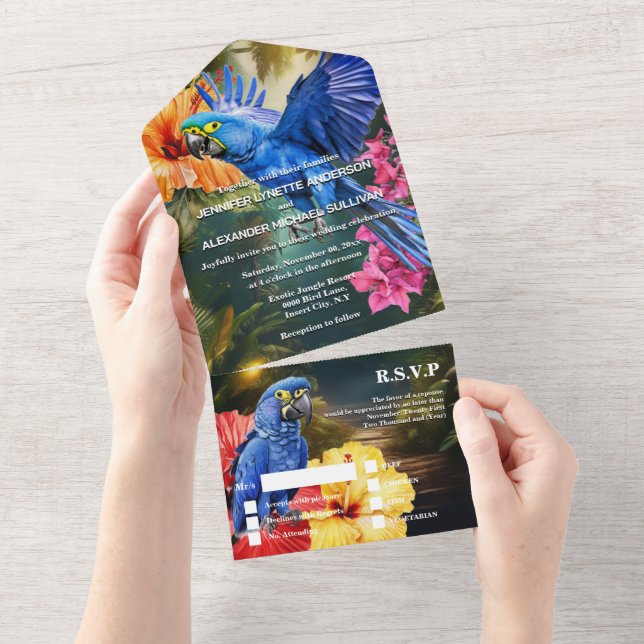 Jungle parrot tropical flowers woodland forest  all in one invitation (Tearaway)