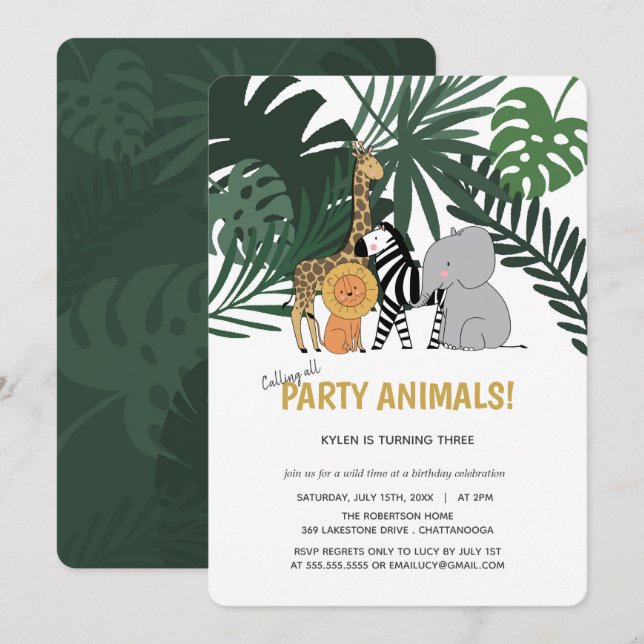 Jungle Party Animals Safari Kids Birthday Invitation (Front/Back)