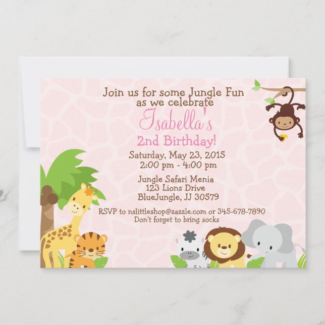 Jungle Party birthday invitation pink background (Front)