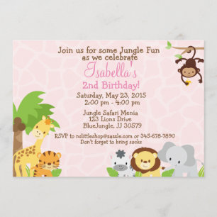 Jungle Party birthday invitation pink background
