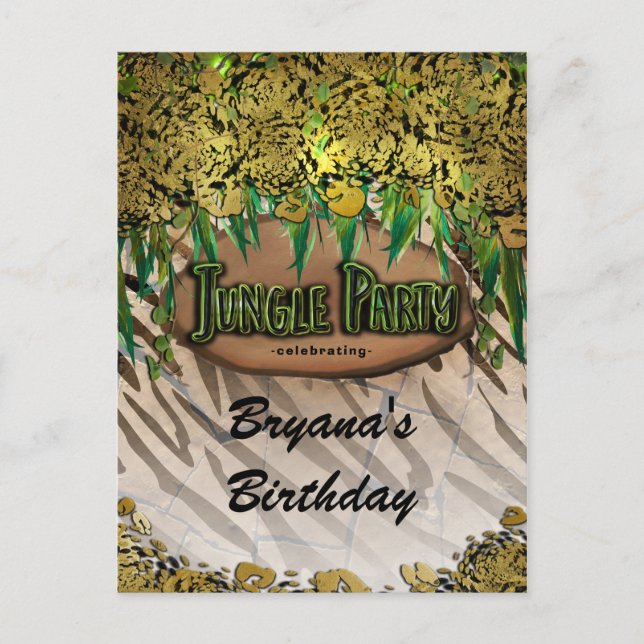 JUNGLE PARTY Gold Glam Animal Print Birthday Flyer Announcement Postcard (Front)