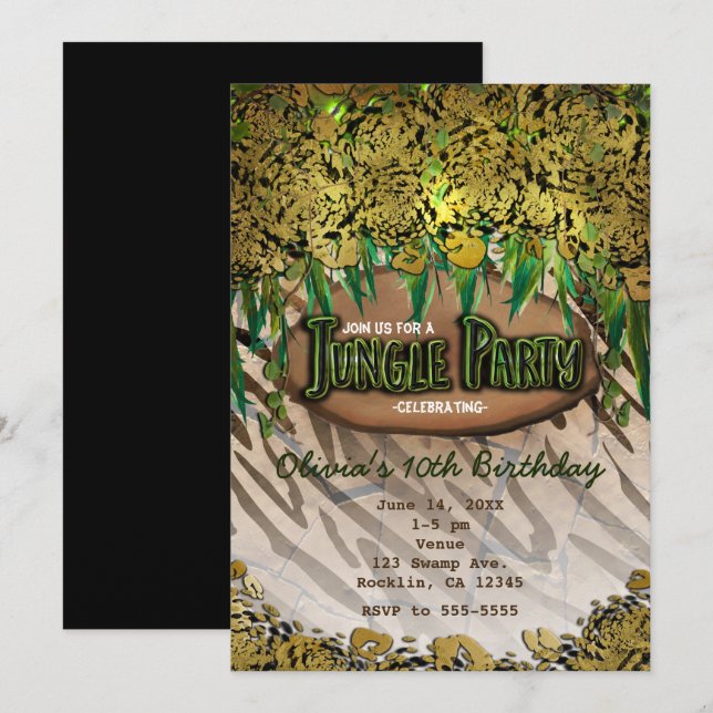 JUNGLE PARTY Gold Glam Animal Print Invitations (Front/Back)