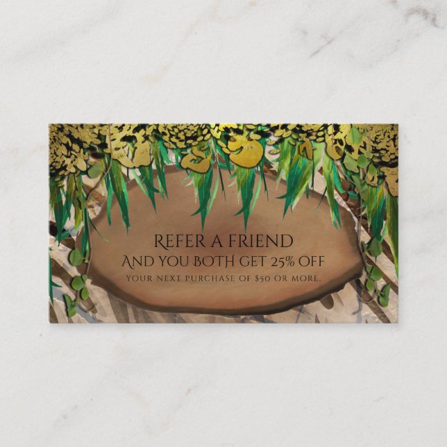 JUNGLE PARTY Gold Glam Animal Print Refer a Friend Referral Card (Front)