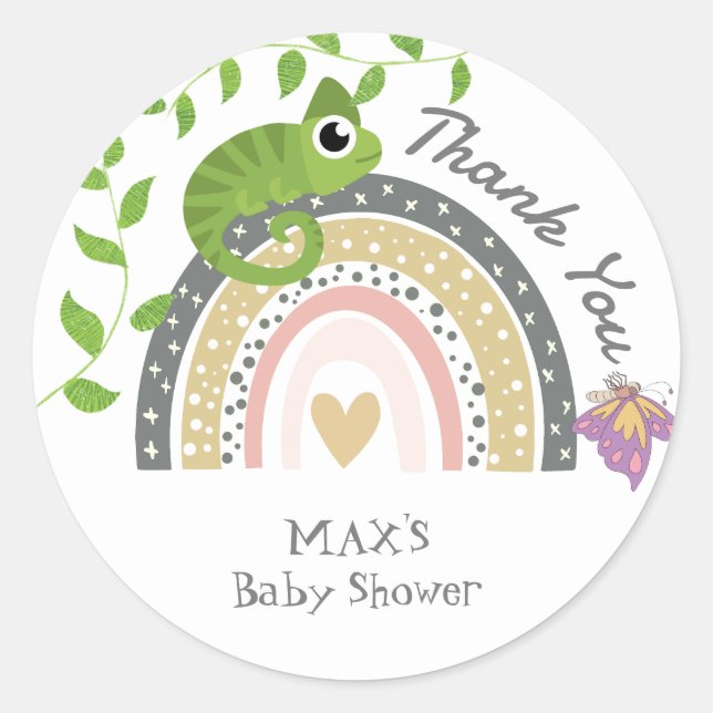 Jungle, Rainbow & Chameleon Baby Shower Thank You Classic Round Sticker (Front)