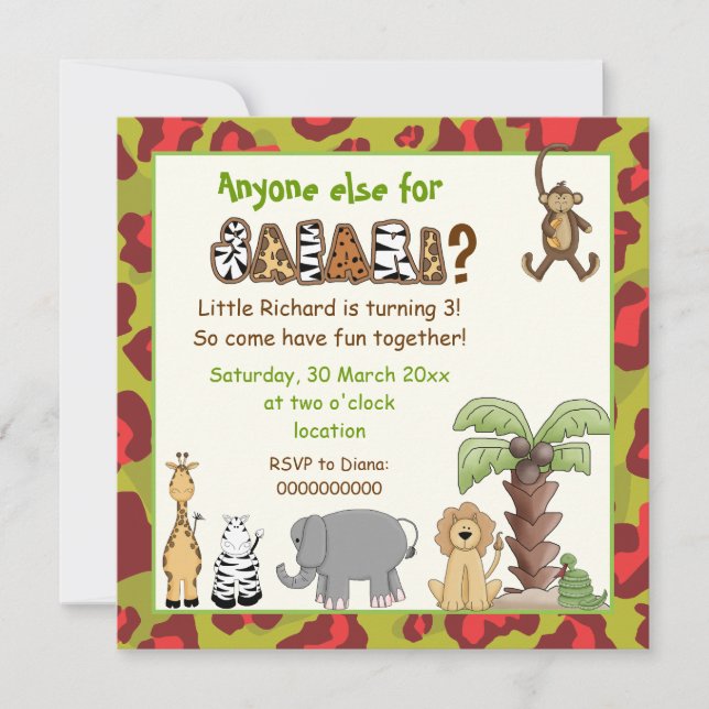 Jungle red, green safari kids birthday party invitation (Front)