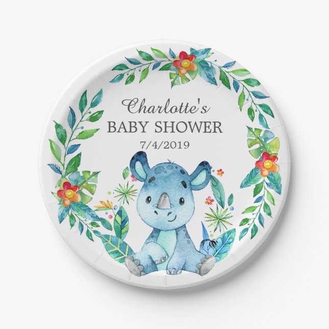Jungle Rhino Baby Shower 7" Plate (Front)