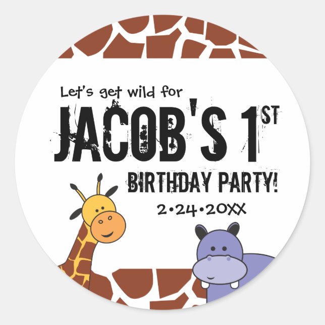 Jungle, Safari 1st Birthday, Personalised Classic Round Sticker (Front)