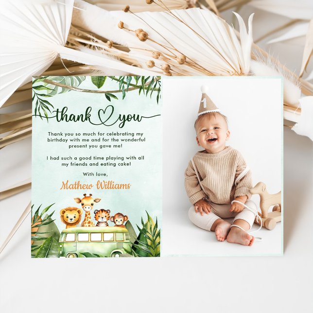 Jungle Safari 1st Birthday Photo Thank You Card (Creator Uploaded)
