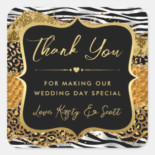 Jungle Safari Agate Gold & Zebra Stripes Wedding Square Sticker