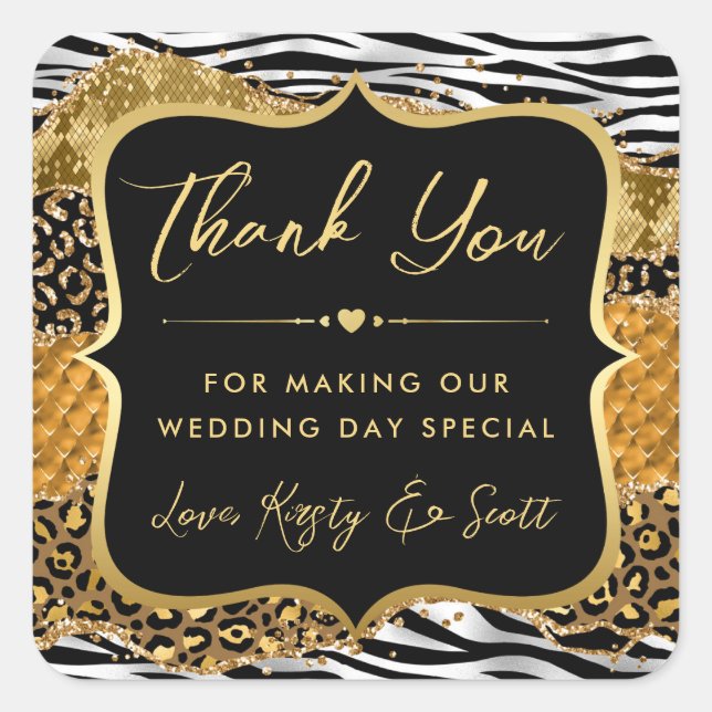 Jungle Safari Agate Gold & Zebra Stripes Wedding Square Sticker (Front)
