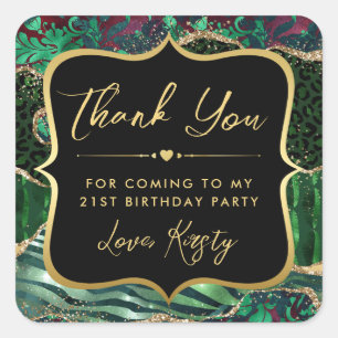 Jungle Safari Agate Green and Gold Birthday Square Sticker