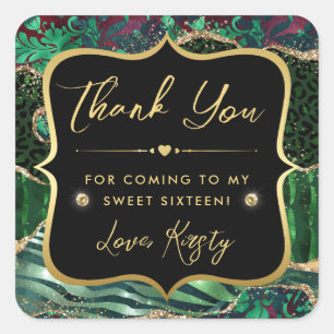 Jungle Safari Agate Green and Gold Sweet 16 Square Sticker