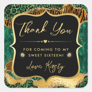 Jungle Safari Agate Green and Gold Sweet 16 Square Sticker