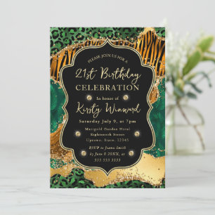 Jungle Safari Agate Green & Gold Accents Birthday Invitation