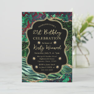 Jungle Safari Agate Green & Gold Accents Birthday Invitation