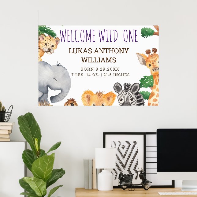 Jungle Safari Animal Baby Birth Announcement  Poster (Home Office)