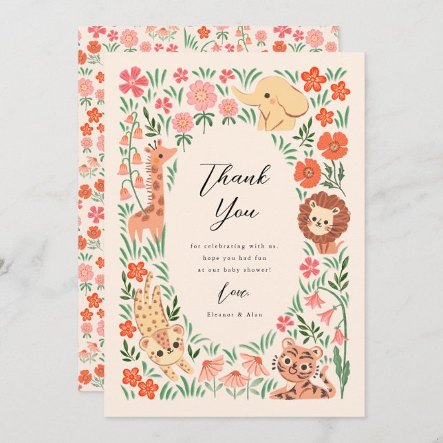 Jungle Safari Animal Baby Shower Thank You Card (Front/Back)