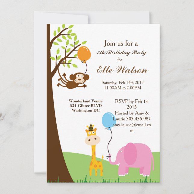 Jungle Safari Animal Birthday Party Invitations (Front)
