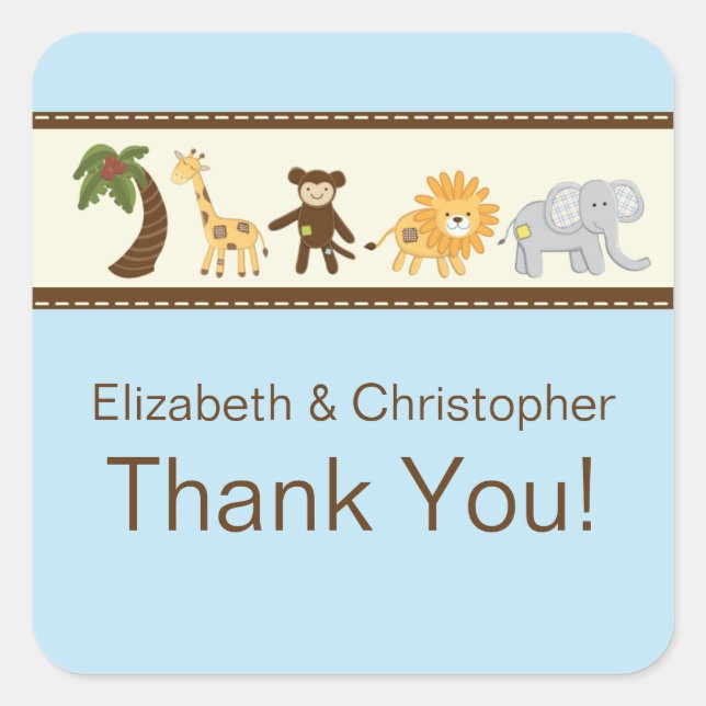 Jungle Safari Animal Blue Boy Baby Shower Square Sticker (Front)