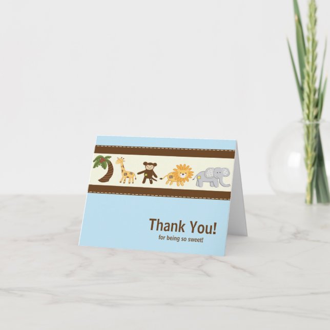 Jungle Safari Animal Blue Boy Baby Shower Thank You Card (Front)