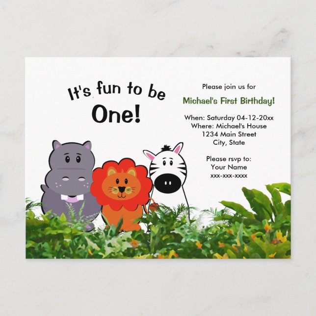 Jungle safari animal first birthday Fun to be One  Postcard (Front)