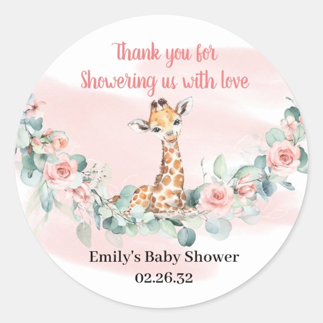 Jungle Safari Animal giraffe Girl Baby Shower Classic Round Sticker (Front)