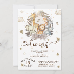 Jungle Safari Animal Twins Baby Shower  Invitation