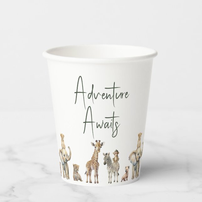 Jungle Safari Animals Adventure Awaits Baby Shower Paper Cups (Front)