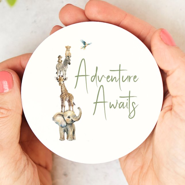 Jungle Safari Animals Adventure Awaits Baby Shower Round Paper Coaster (Creator Uploaded)