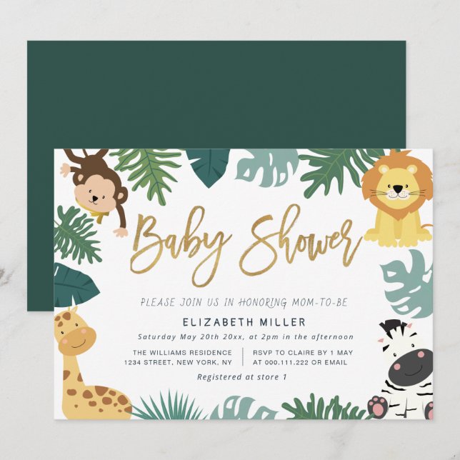 jungle safari animals baby shower invitation (Front/Back)