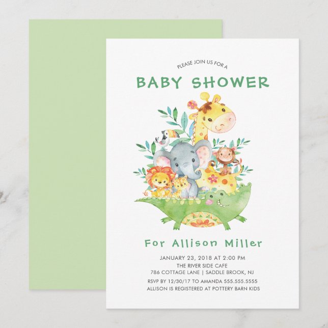 Jungle Safari Animals Baby Shower Invitations (Front/Back)