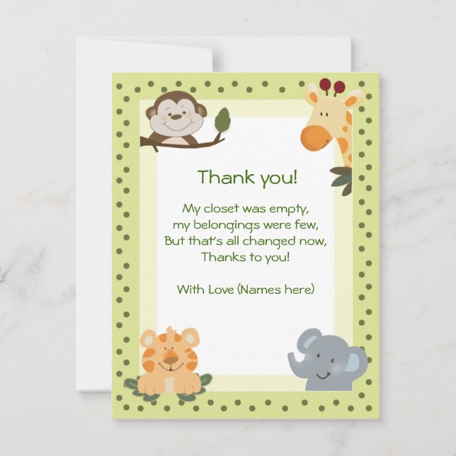 Jungle Safari Animals Baby Shower Thank you notes (Front)