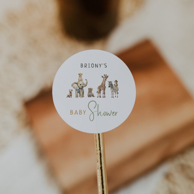 Jungle Safari Animals Baby Shower With Name Favour Classic Round Sticker (Creator Uploaded)