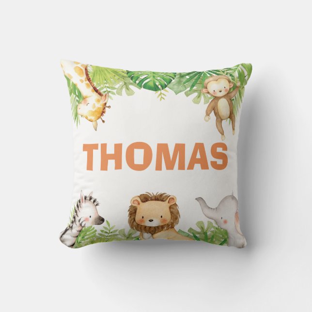 Jungle Safari Animals Birth Stats Baby Boy Nursery Cushion (Front)