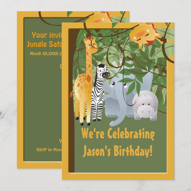 Jungle Safari  Animals Birthday Party Custom Invitation (Front/Back)