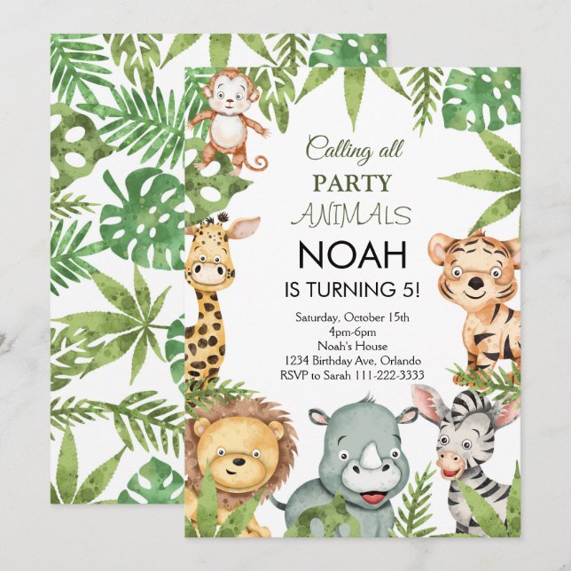 Jungle Safari Animals Birthday Party Invitation (Front/Back)