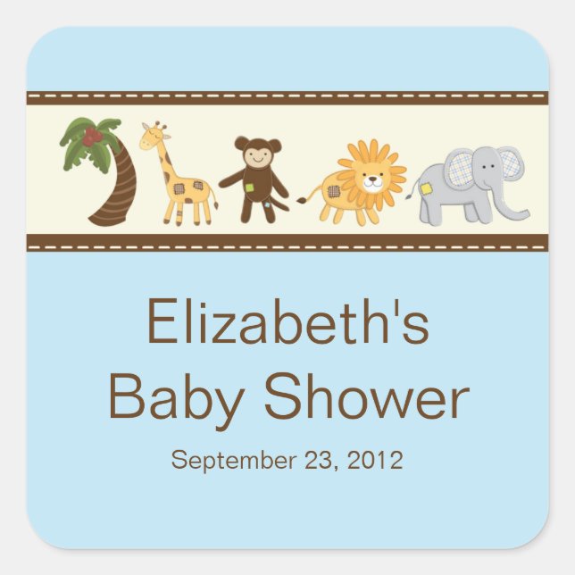 Jungle Safari Animals Blue Boy Baby Shower Square Sticker (Front)