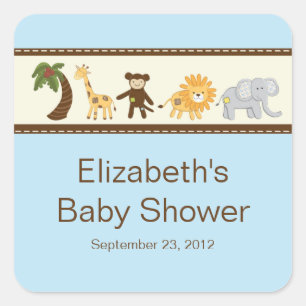 Jungle Safari Animals Blue Boy Baby Shower Square Sticker
