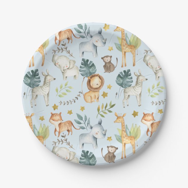 Jungle safari animals blue toddler birthday party paper plate (Front)