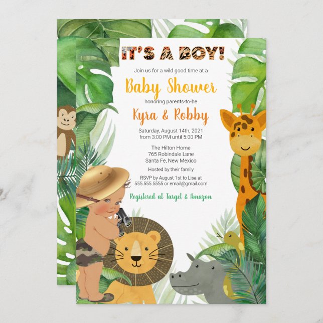Jungle Safari Animals Boy Baby Shower Invitation (Front/Back)
