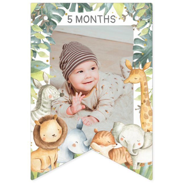 Jungle safari animals boy first birthday photo  bunting  (First Flag)