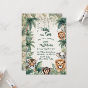 Jungle Safari Animals Five Wild Boy 5th Birthday Invitation