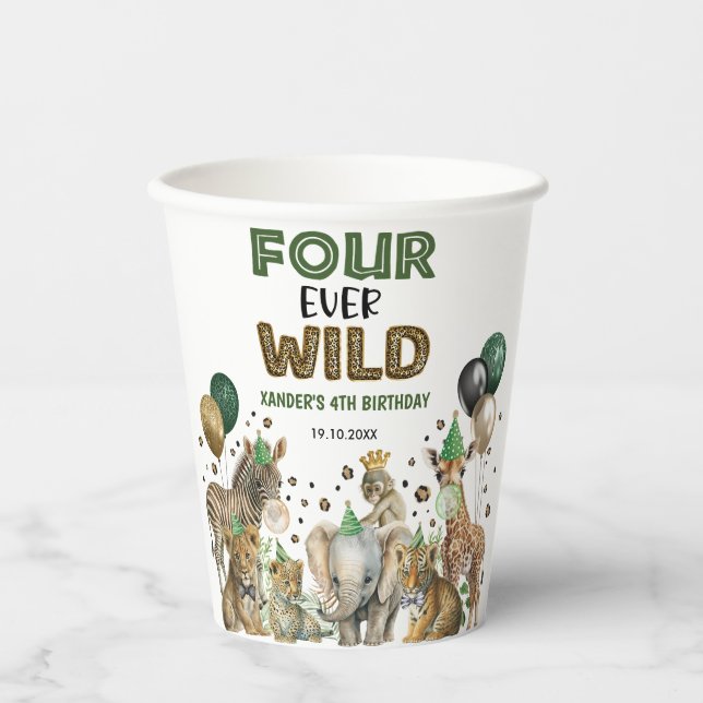 Jungle Safari Animals Four Ever Wild 4th  Birthday Paper Cups (Front)