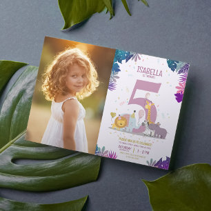 Jungle Safari Animals Girl Photo Birthday Invitation