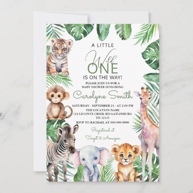 Jungle Safari Animals Greenery Baby Shower Invitation (Front)