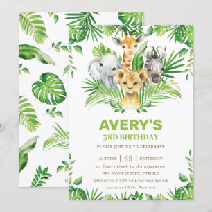 Jungle Safari Animals Greenery Birthday Party Invitation