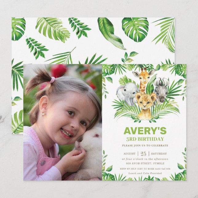 Jungle Safari Animals Greenery Birthday Photo Invitation (Front/Back)