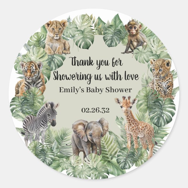 Jungle Safari Animals Greenery Boy Baby Shower Classic Round Sticker (Front)