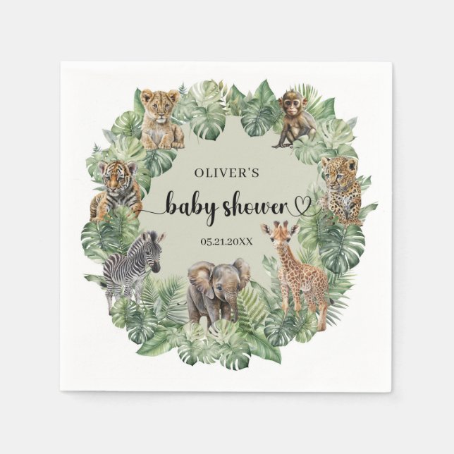 Jungle Safari Animals Greenery Boy Baby Shower Napkin (Front)