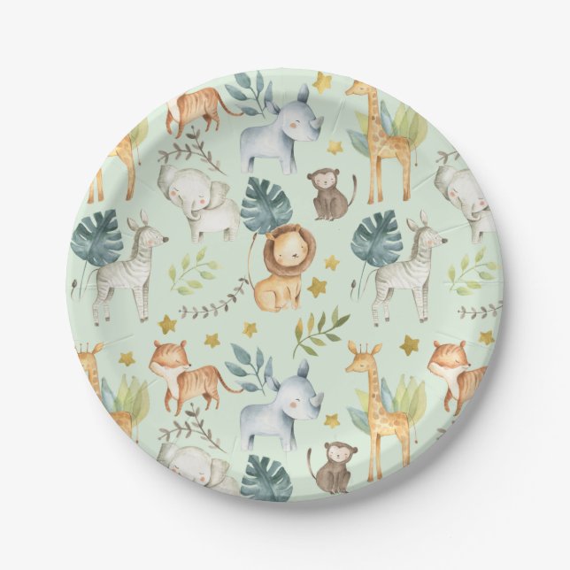 Jungle safari animals mint toddler birthday party paper plate (Front)